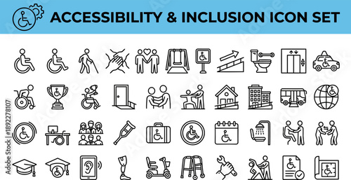  Set of outline icons related to wheelchair. Linear icon collection. Editable stroke. Vector illustration 