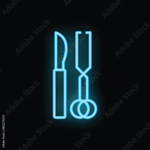 Bright neon blue scalpel and forceps glowing on black background represent surgical tools