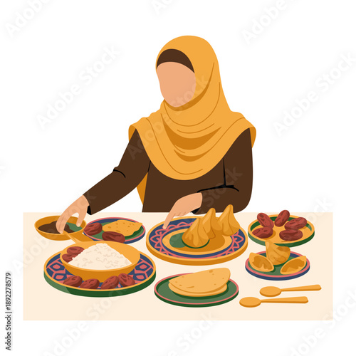 Iftar Feast: A woman prepares a table for iftar, laden with traditional dates, rice, samosas, and other delectable dishes. A scene that evokes a sense of family and gratitude.