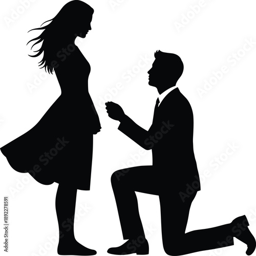 Romantic marriage proposal silhouette man kneeling asking woman to marry him love story flat vector illustration design for wedding concept