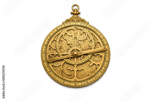 Intricate golden astrolabe design with detailed patterns and engravings