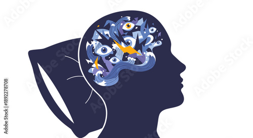 Nightmares concept illustration with human head silhouette filled with chaotic dream imagery symbolizing anxiety, disturbed sleep, fear, and mental stress during nightmares