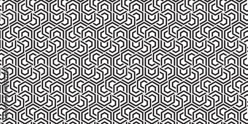 Seamless black and white geometric pattern with interlocking angular lines forming a modern maze-like hexagonal design