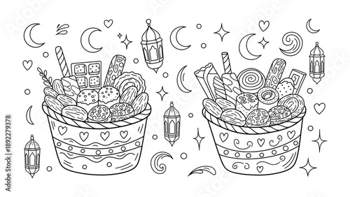 Festive Sweets Delight: A charming illustration showcases two intricately decorated baskets overflowing with an assortment of delectable sweets, complemented by celestial and decorative elements.