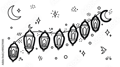 Celestial Lanterns: An elegant chain of traditional lanterns strung against the night sky, their intricate designs gleaming amidst the glimmering stars and crescent moons.