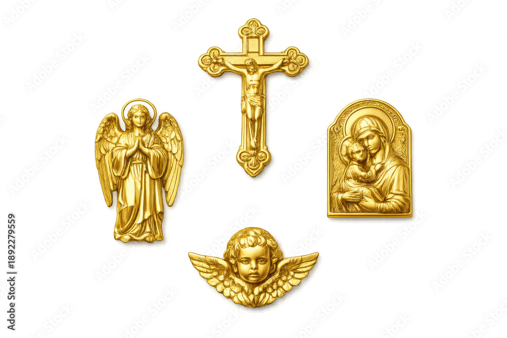 Fototapeta premium Golden religious motifs: elegant icons of faith featuring angels and cross
