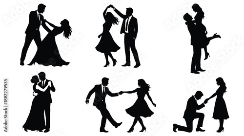 A set of black silhouettes depicting romantic couple poses and dance movements on a white background.