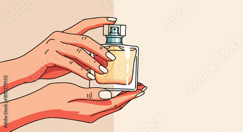 Woman hands holding perfume bottle with fragrance vector illustration