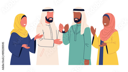 Arab Friends Greeting: A depiction of cultural harmony, two arab men and two arab women warmly greet each other, showcasing friendship. Illustrating the beautiful simplicity of their connection.