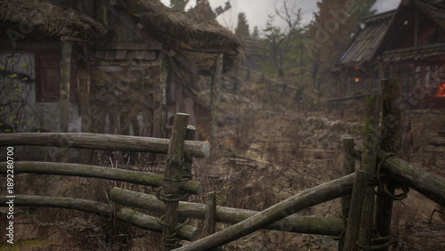 Obraz na płótnie Fog envelops an abandoned village hidden in dense woods