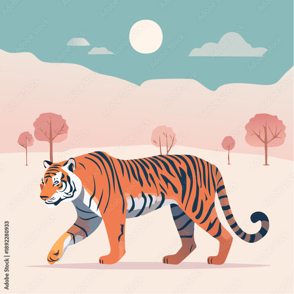 Obraz premium Majestic Tiger Walking in a Serene Landscape Under a Pale Sky