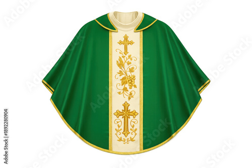 Traditional green liturgical vestment with gold embellishments on gradient background