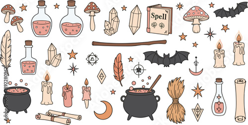 Witchcraft and Magic Doodle Illustration Set with Potions, Spell Book, Candles, Crystals, Bats, Moon, and Mystical Occult Symbols