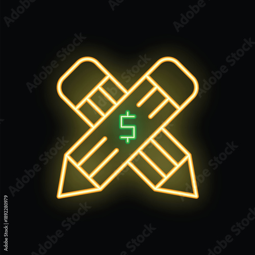 Glowing neon icon representing the concept of paid writing, content creation, or monetizing skills with a dollar sign at the intersection of two pencils
