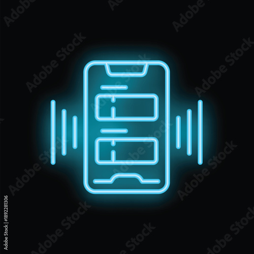 Blue neon icon of a mobile phone playing audio content