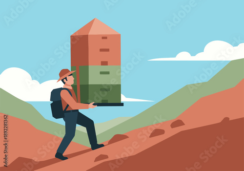 A field worker carries a beehive uphill, showcasing a rural lifestyle and dedication.  Clear composition, vibrant colors, and a sense of industriousness.