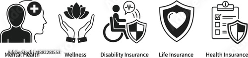 Black and white icons illustrating types of insurance and health concepts: mental health, wellness, disability, life, and health insurance, with abstract and symbolic representations.