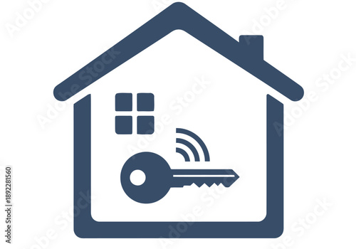 A modern house icon features a digital key inside, symbolizing smart home technology. Clean, minimalist design for digital marketing and tech visuals.