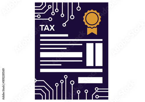 A modern tax form graphic featuring digital nodes and a golden ribbon. Bold colors and a clean design make this ideal for business and finance visuals.