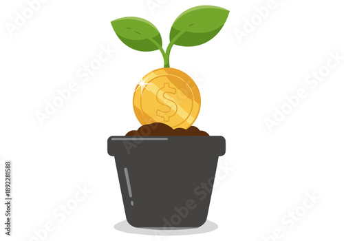 A potted plant with a gold coin symbolizes financial growth. Clean, modern design with a focus on prosperity and investment. Ideal for business and finance themes.