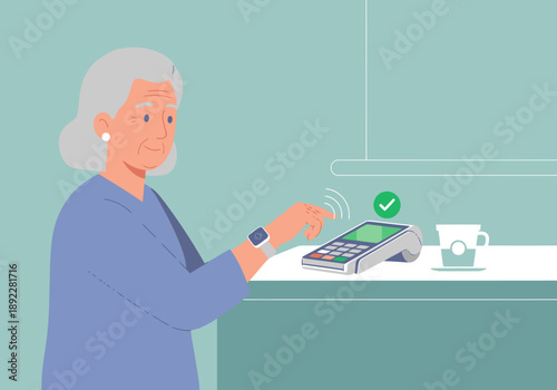 Senior woman uses a smartwatch to pay at a cafe. A clear, modern illustration highlights a senior inclusive wearable payment system.  Friendly expression, simple design.
