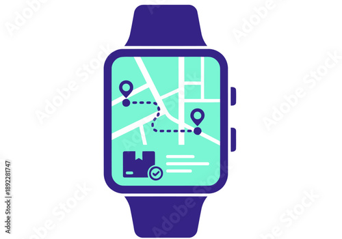 A smartwatch displays a map with delivery tracking, overlaid on a wrist. Modern, clean design. Ideal for tech, delivery, and wearable apps.