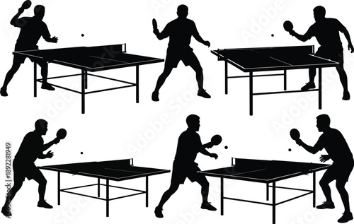 Collection of dynamic silhouettes of men playing table tennis, captured mid-action