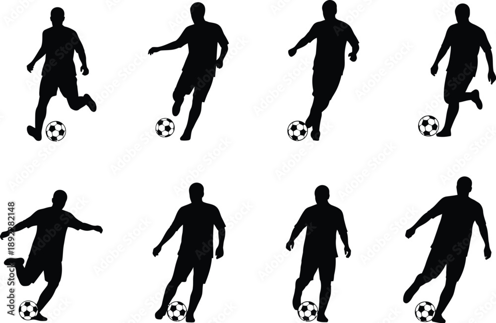 Obraz premium Silhouette of a soccer player in motion with a soccer ball, illustrating dribbling and action on a white background.