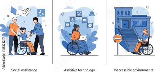 Diverse group of people with disabilities receiving social assistance and using assistive technology in accessible environments.