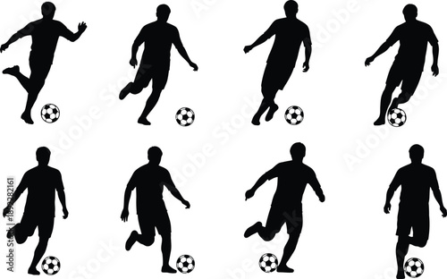 Silhouette of a soccer player in motion with a soccer ball, illustrating dribbling and action on a white background.
