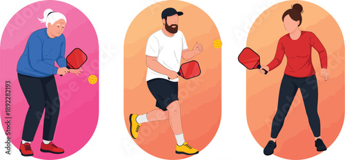 Diverse people playing pickleball together, showing different ages and genders enjoying a recreational sport outdoors.