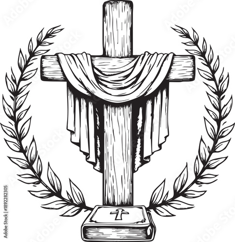 Wooden cross with draped cloth laurel branches and Bible Christian faith vector illustration