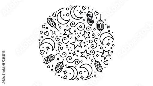 Lunar Radiance: A charming circular illustration features crescents, twinkling stars, and ornate lanterns, creating a sense of ethereal beauty and celestial wonder.