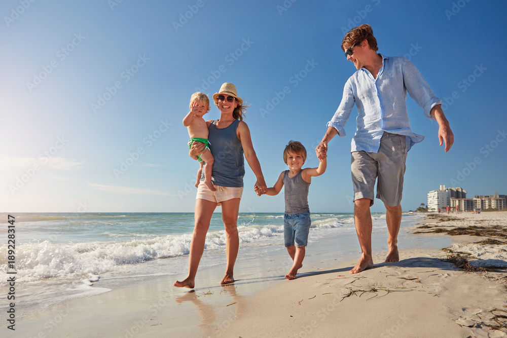 © BuyoutReese07/peopleimages.com - Walk, holding hands and love with family at beach for summer vacation, bonding and support. Connection, tropical holiday and weekend break with parents and children outdoor for travel and trust © BuyoutReese07/peopleimages.com - Walk, holding hands and love with family at beach for summer vacation, bonding and support. Connection, tropical holiday and weekend break with parents and children outdoor for travel and trust