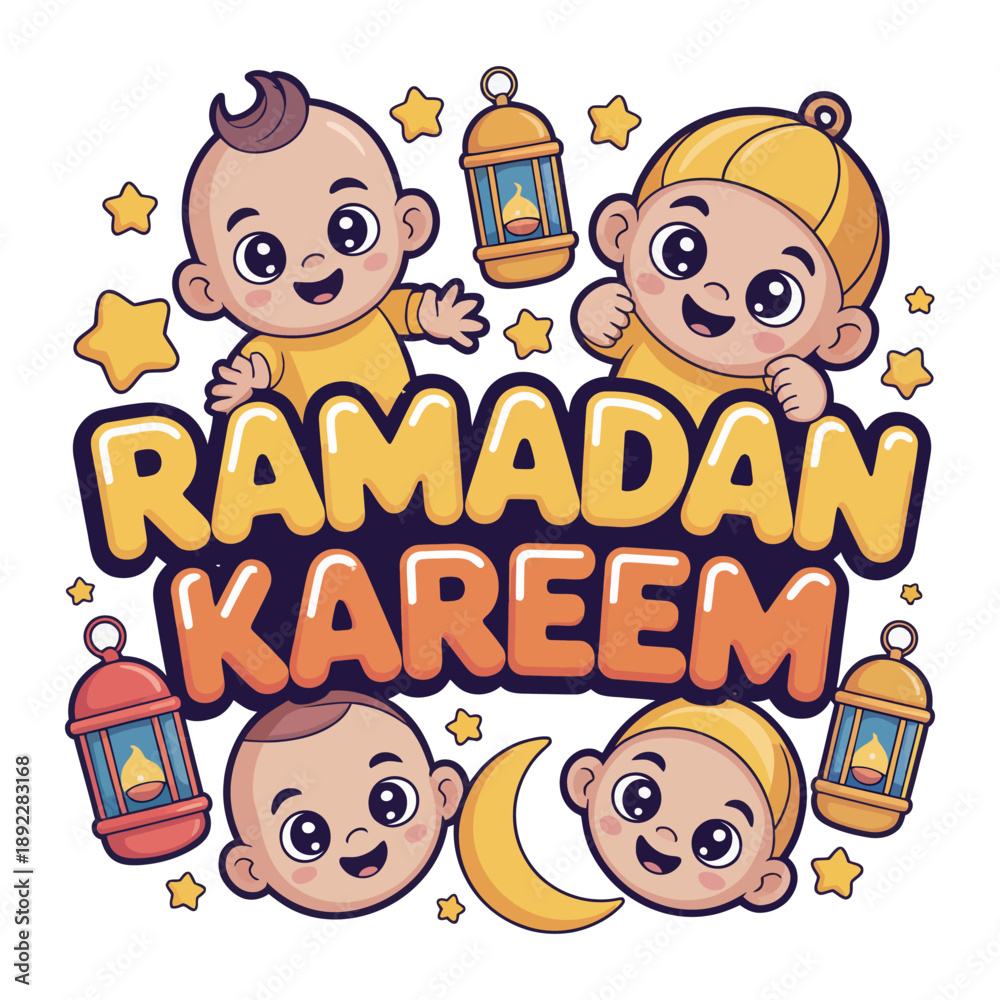 Obraz premium Ramadan Kareem: This vibrant illustration captures the spirit of Ramadan Kareem with playful baby cartoon with a delightful array of traditional lanterns and a crescent moon. 