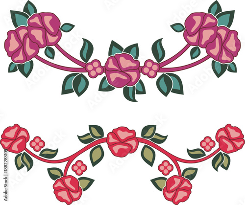 Slavic, Balkan, Bulgarian traditional decorative floral ornaments. Vector decor motifs for authentic folklore costumes, clothing, damask, carpets, textile, embroidery, sewing. Cultural heritage.