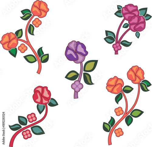 Authentic Slavic, Balkan, Bulgarian traditional decorative floral ornaments. Traditionally hand embroidered or knitted flowers. Vector decor motifs for folklore costumes, clothing, textile, embroidery