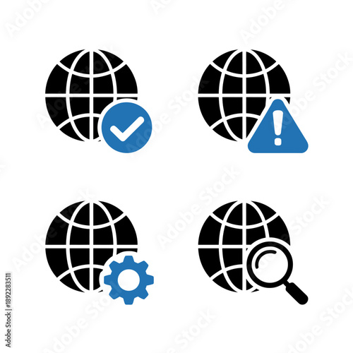 global network icons with checkmark gear and magnifying glass