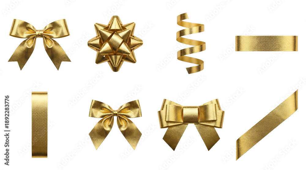 Naklejka premium Golden ribbon and bow set including classic knots, rosette star, curled streamers, and straight strips isolated. Festive gift decoration and celebration accessories.