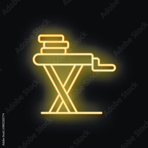 Neon ironing board with a stack of clothes on it, glowing on a black background, a symbol of housework and domestic chores