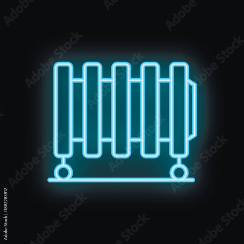 Glowing blue neon icon of an electric heater radiating heat, set against a black background