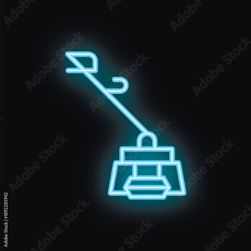Blue neon icon of a cable car gondola hanging from a cable, isolated vector illustration on black background