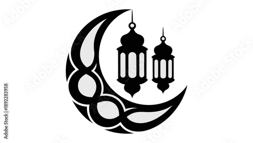 Celestial Celebration: A serene illustration depicts a crescent moon intertwined with two lanterns. A visual representation of cultural celebration, this artwork captures a sense of peace, reflection.