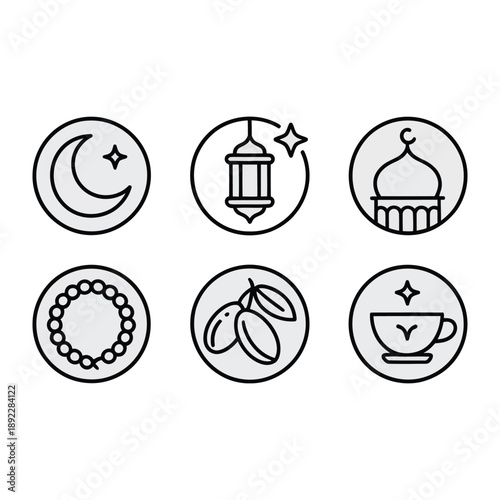 Ramadan Icons: A set of six elegant Ramadan icons, each a symbol of the blessed month, presented with minimalist design, inviting contemplation and reflection.