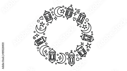 Ramadan Lanterns' Ring: The beauty of Ramadan, a circular arrangement of stylized lanterns, crescents, and stars create a feeling of peace and celebration.