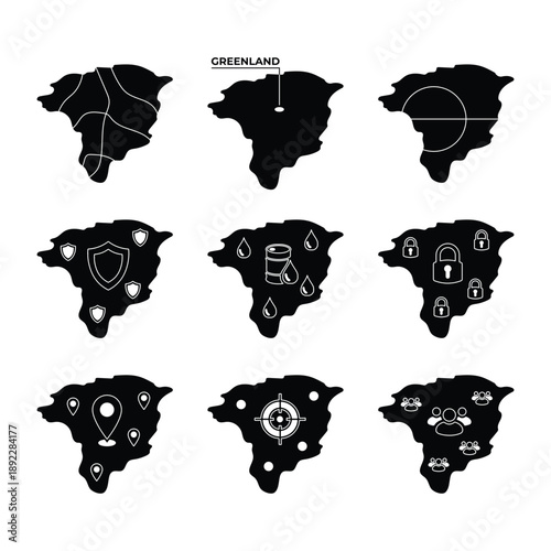 Greenland Map Icon Set Detailed Editable Vector Cartography for Global Geography, featuring symbolic country location signs and UI/UX infographic elements for worldwide atlas representation