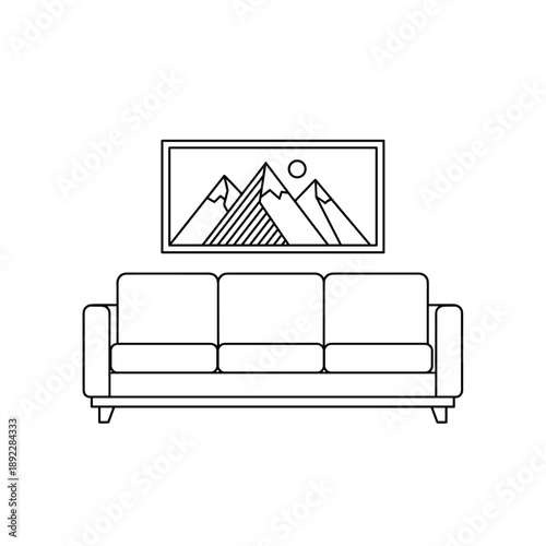 Modern sofa with mountain landscape art on wall vector