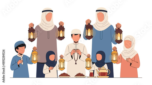 Celebration of Family in the Spirit of Eid: A beautifully depicted illustration shows a close-knit family, radiant with smiles, gathering in a moment of communal joy.