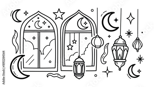 Celestial Reflections: Detailed illustration, black and white style, showcasing the essence of night sky elements.