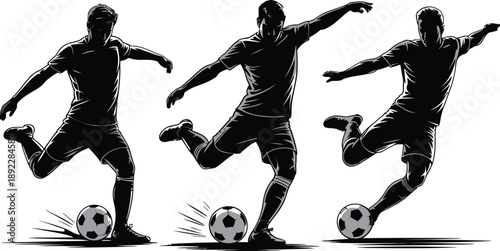 Soccer player, silhouettes vector set, 3 men kicking a ball isolated